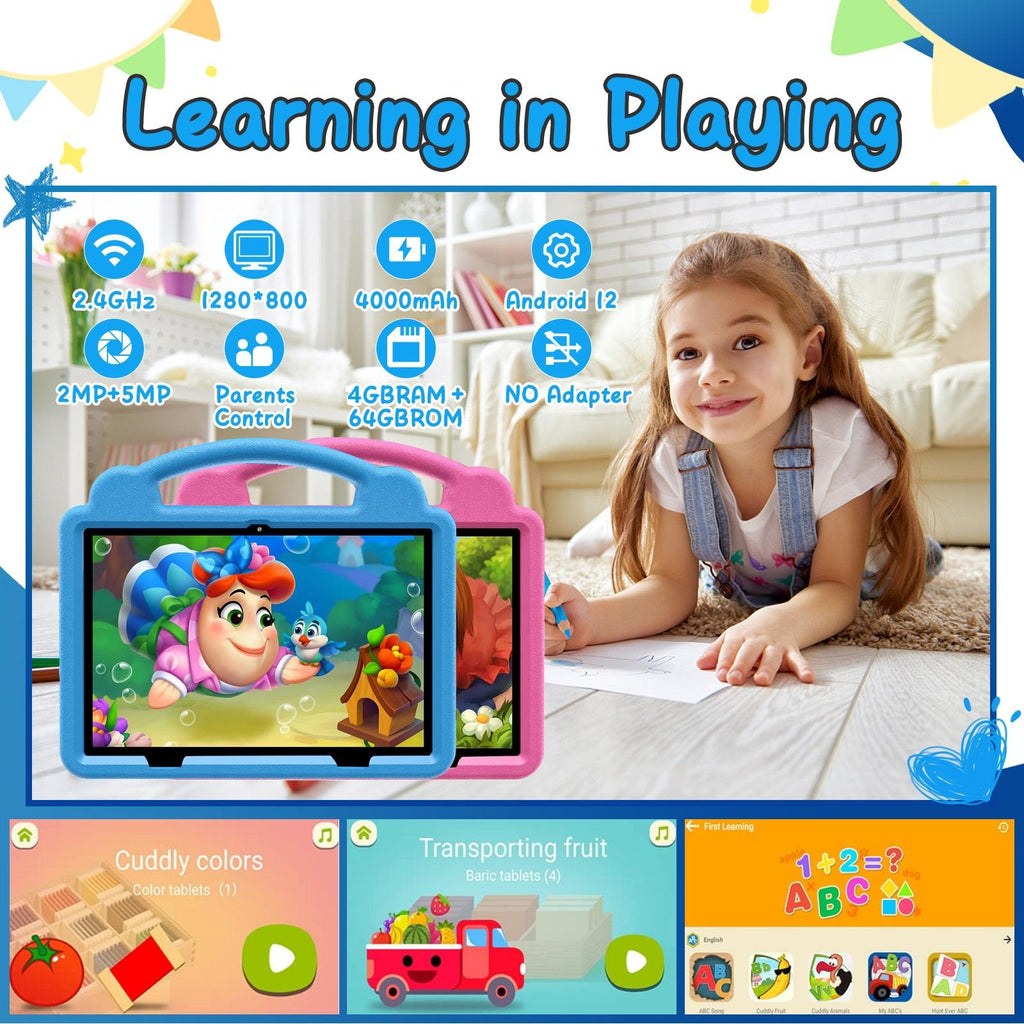 10.1 Inch Learning Tablet, Educational Tablet with 2.4G WiFi, GMS, Eye Protection Screen, Parental Monitoring, Educational APP, Dual Camera, Shockproof Case