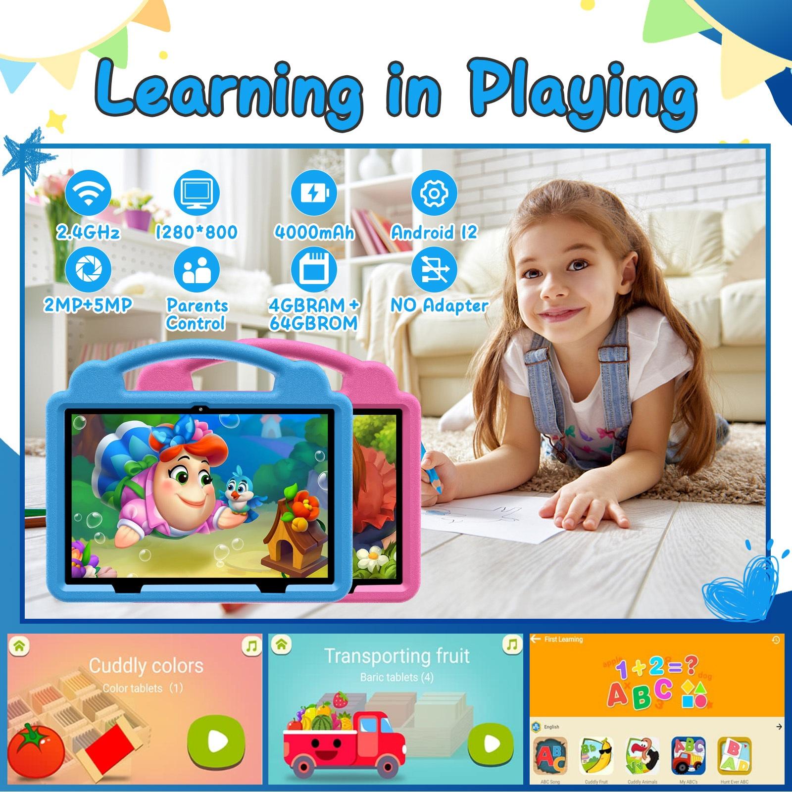 10.1 Inch Learning Tablet, Educational Tablet with 2.4G WiFi, GMS, Eye Protection Screen, Parental Monitoring, Educational APP, Dual Camera, Shockproof Case